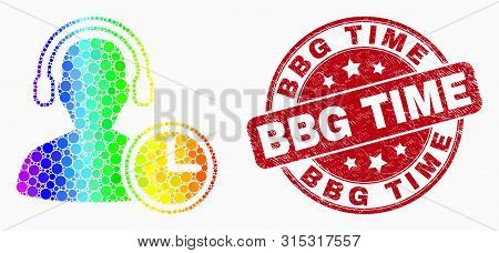 Dot Rainbow Gradiented Operator Time Mosaic Icon And Bbg Time Stamp. Red Vector Rounded Grunge Seal 