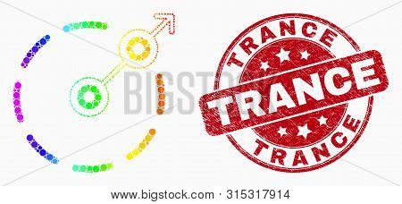 Dot Rainbow Gradiented Radial Escape Border Mosaic Pictogram And Trance Seal Stamp. Red Vector Round