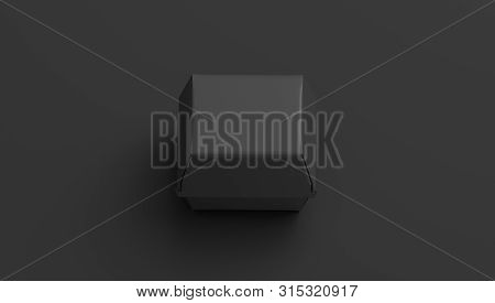 Blank Black Burger Box Mockup, Isolated On Dark Background, 3d Rendering. Empty Portable Snack Pack 