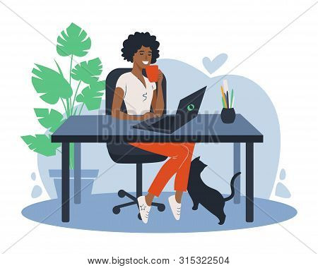 African American Woman Using Laptop Flat Vector Illustration. Working From Home, Remote Job. Online 