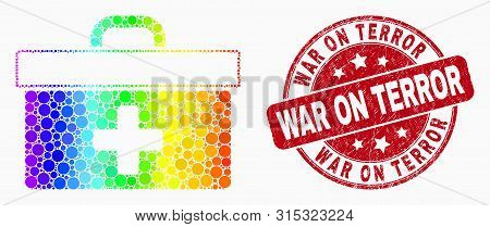 Dotted Bright Spectral Medical Case Mosaic Pictogram And War On Terror Seal. Red Vector Rounded Dist