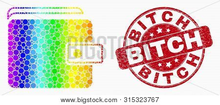 Dotted Bright Spectral Purse Mosaic Pictogram And Bitch Seal Stamp. Red Vector Round Scratched Stamp