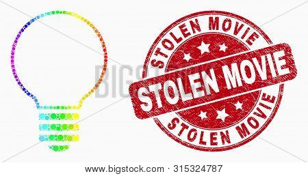 Dotted Rainbow Gradiented Electric Bulb Mosaic Pictogram And Stolen Movie Watermark. Red Vector Roun