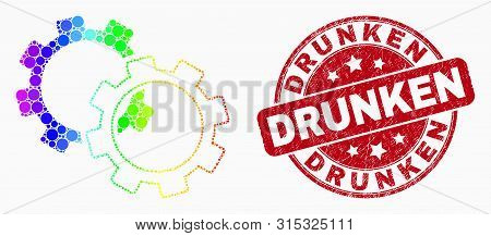Dotted Rainbow Gradiented Gears Mosaic Icon And Drunken Seal Stamp. Red Vector Rounded Scratched Sea