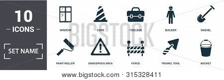 Construction Tools Icon Set. Contain Filled Flat Bucket, Paint Roller, Shovel, Cone, Hammer, Socket,