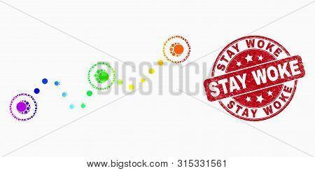 Pixel Bright Spectral Dotted Chart Mosaic Pictogram And Stay Woke Seal Stamp. Red Vector Rounded Dis