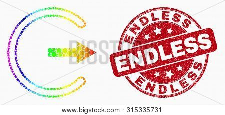 Pixel Spectral Log Out Mosaic Icon And Endless Stamp. Red Vector Round Scratched Seal Stamp With End