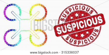 Pixel Spectral Quadcopter Mosaic Icon And Suspicious Stamp. Red Vector Rounded Textured Seal Stamp W