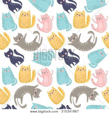 Seamless Pattern With Cute Colorful Cats. Great For Fabric, Textile, Wrapping Paper, Wallpaper And O