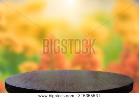 Empty Wooden Desk Of Free Space And Spring Time With Blurred Background Of Home Garden For A Caterin