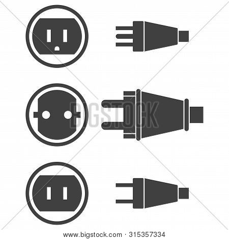 Icons Of Electrical Plugs And Sockets Three Types. Vector On A Transparent Background.