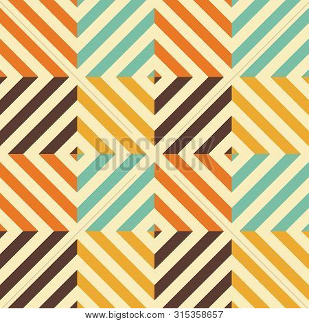 Vintage Seamless Pattern With Rhombus And Diagonal Lines. Retro Geometric Background