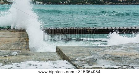 Choppy Sea With High Waves At The Coast Of Peguera