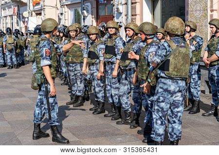 Russia, Moscow. July 27, 2019 Instructing Squad Policemen Before Nomination National Meeting For Fai