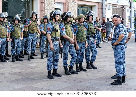 Russia, Moscow. July 27, 2019 Instructing Squad Policemen Before Nomination National Meeting For Fai