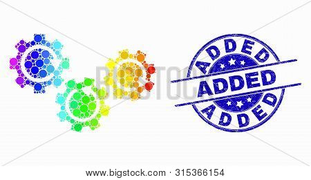 Dot Rainbow Gradiented Gear Mechanism Mosaic Pictogram And Added Seal. Blue Vector Round Textured Se