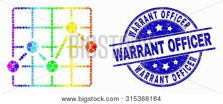 Dotted Bright Spectral Chart Grid Mosaic Icon And Warrant Officer Seal. Blue Vector Rounded Textured