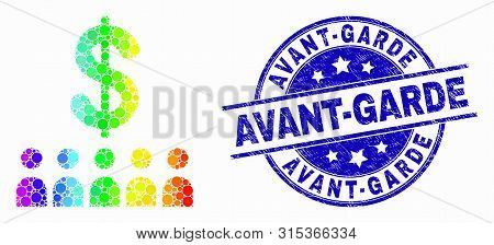 Dot Spectrum Bank Clients Mosaic Icon And Avant-garde Watermark. Blue Vector Rounded Textured Seal S