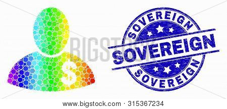 Pixelated Bright Spectral Banker Mosaic Icon And Sovereign Seal. Blue Vector Round Grunge Seal Stamp