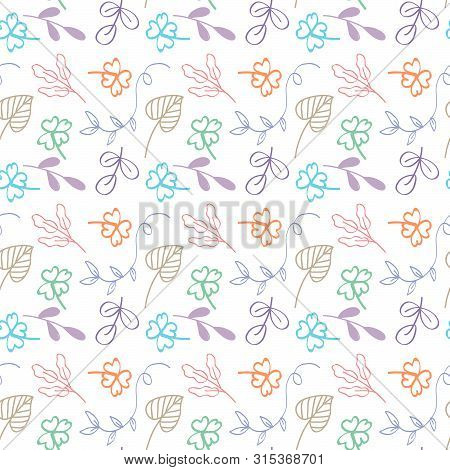 Doodle Floral Leaves Line Drawn Decorative Seamless Pattern White Background Vector Illustration- Fa