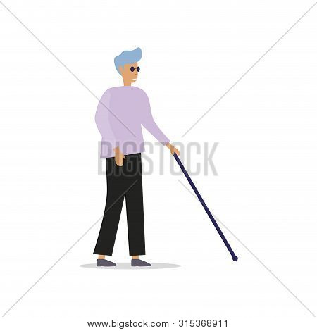 Blind Man With Stick And Black Glasses. Vector Blind Person, Disabled Walking, Handicapped And Disab