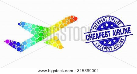 Dot Spectral Airplane Takeoff Mosaic Pictogram And Cheapest Airline Stamp. Blue Vector Rounded Grung
