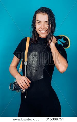 Doing An Underwater Photo Shooting. Sexy Woman Diver Enjoy Underwater Shooting. Sensual Woman With W