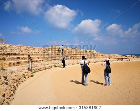 Sdot Yam, Israel - June 21, 2019:  Ruins Of Ancient Cesarea City Built By Herod, Israel