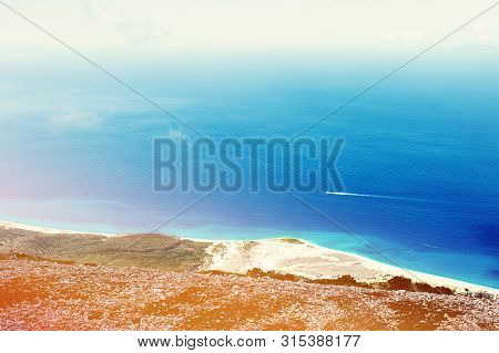 Aerial View From Llogara Pass To Albanian Riviera Beach And Ionian Sea Coastline