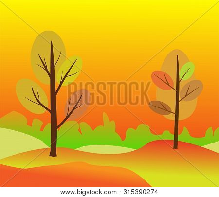 Vector Illustration Of Beautiful Golden Autumn Landscape On Red Yellow Autumn Colors Background In M