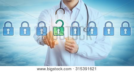 Torso Of Young Doctor Unlocking One Virtual Lock In A Lineup Of Eight Padlocks Above Cloudscape. Con