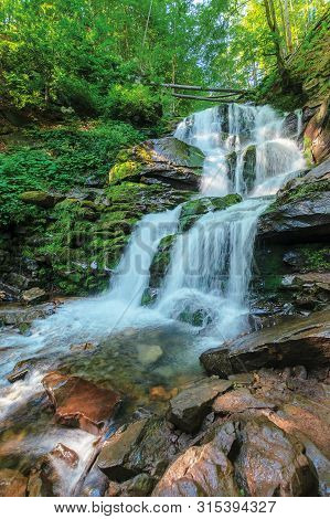 Carpathian Waterfall Shypot In The Morning. Beautiful Nature Scenery. Popular Tourist Attraction Of 