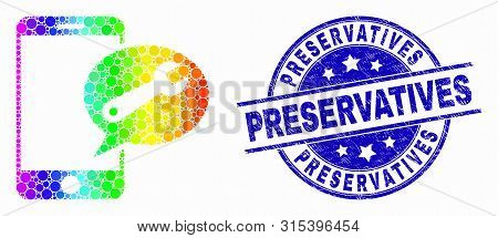 Dotted Spectral Mobile Service Message Mosaic Icon And Preservatives Stamp. Blue Vector Round Grunge