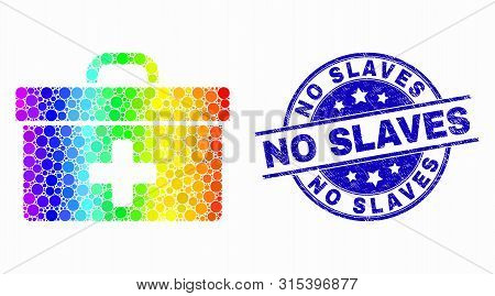 Dotted Spectrum Medical Case Mosaic Pictogram And No Slaves Stamp. Blue Vector Round Textured Waterm