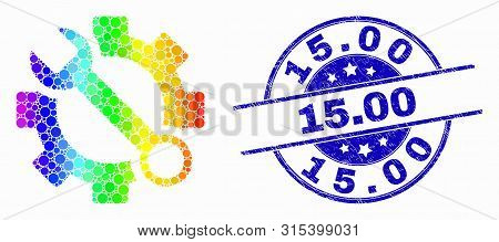 Pixel Bright Spectral Wrench Tools Mosaic Icon And 15.00 Seal Stamp. Blue Vector Rounded Textured Se