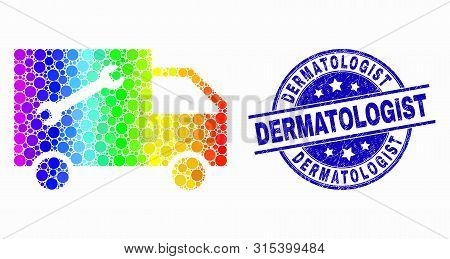 Dotted Spectral Service Van Mosaic Pictogram And Dermatologist Seal. Blue Vector Round Grunge Stamp 