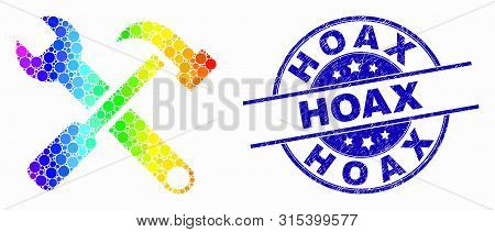 Dotted Bright Spectral Tools Mosaic Icon And Hoax Seal Stamp. Blue Vector Rounded Distress Stamp Wit