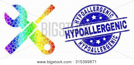 Pixelated Rainbow Gradiented Setup Tools Mosaic Icon And Hypoallergenic Stamp. Blue Vector Round Dis
