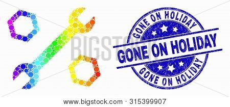 Pixelated Spectrum Wrench And Nuts Mosaic Pictogram And Gone On Holiday Seal. Blue Vector Round Dist