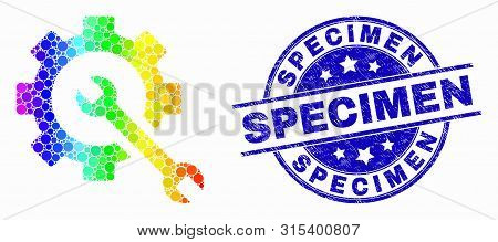 Pixel Rainbow Gradiented Service Tools Mosaic Icon And Specimen Watermark. Blue Vector Rounded Textu