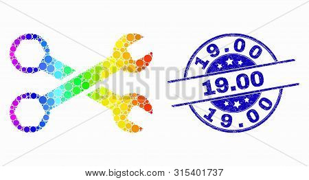 Dot Rainbow Gradiented Wrenches Mosaic Icon And 19.00 Seal Stamp. Blue Vector Rounded Grunge Seal St
