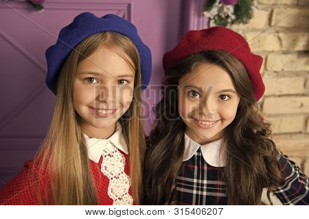 Noble Lady Concept. Girls French Little Kids Smiling Face Posing In Hats. How Wear French Beret. Ber