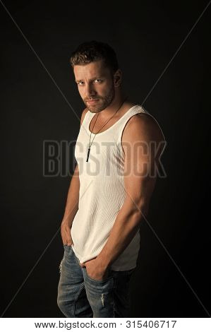 Style And Look, Barber. Fashion Model On Grey Background. Handsome Mucho Guy In Vest. Man With Unsha