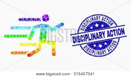 Dotted Rainbow Gradiented Active Person Mosaic Icon And Disciplinary Action Watermark. Blue Vector R