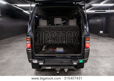 Novosibirsk, Russia - July 12, 2019:  Mitsubishi Delica, Close-up Of The Open Trunk, Front View. Pho