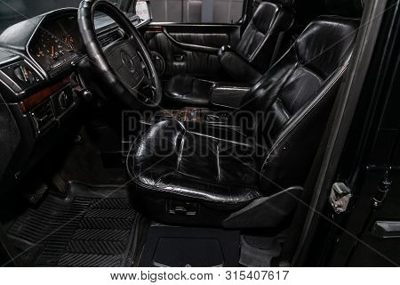 Novosibirsk, Russia - July 12, 2019:   Black Mercedes-benz G-class, Close-up Of The Dashboard, Adjus