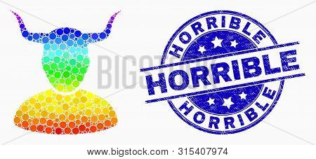 Pixelated Bright Spectral Horned User Mosaic Icon And Horrible Seal. Blue Vector Round Distress Stam