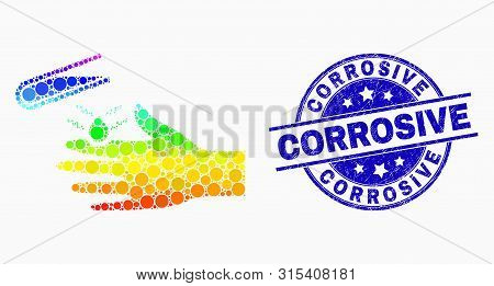 Dotted Spectrum Acid Damaged Hand Mosaic Pictogram And Corrosive Seal. Blue Vector Rounded Scratched