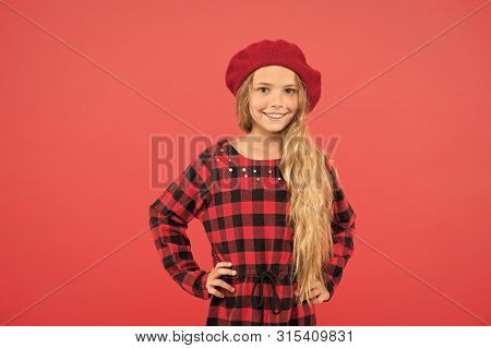 Beret Style Inspiration. Wear Beret Like Fashion Girl. Kid Little Cute Girl With Long Blonde Hair Po