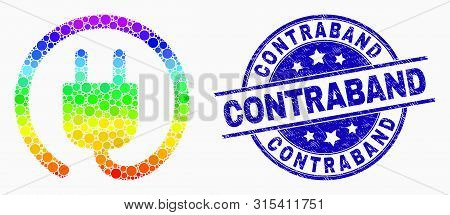 Dotted Rainbow Gradiented Electric Plug Mosaic Pictogram And Contraband Stamp. Blue Vector Rounded G